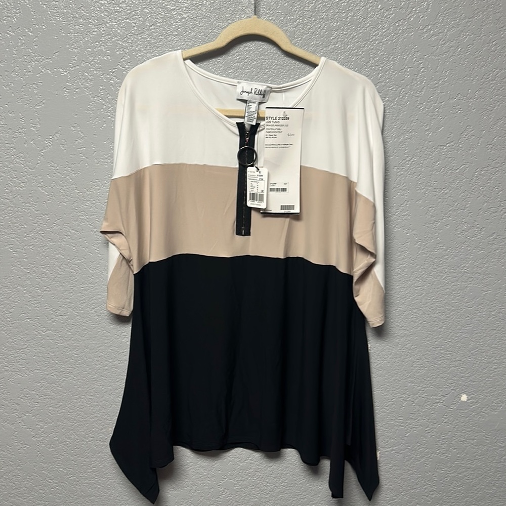 Joseph Ribkoff Asymmetrical Tunic Top Black White Sand Sz 6 NWT Front Zip Womens